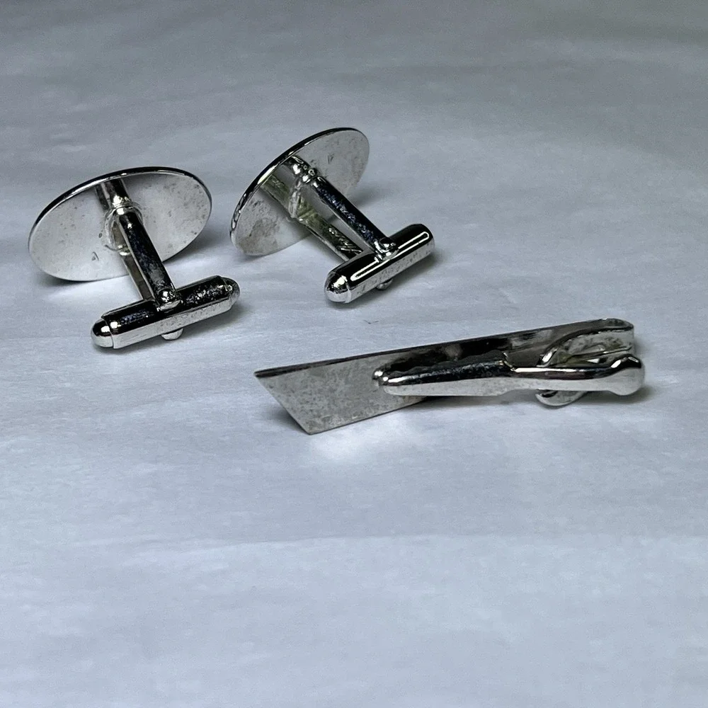 MEF Monogram Letter Engraved Sterling Silver Vintage ANSON Cuff‎ Links Tie Clip